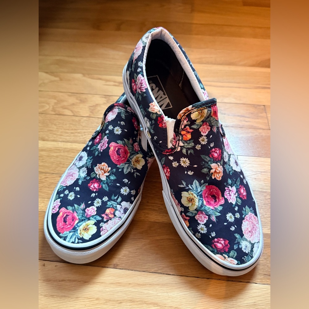 Vans Garden Floral Slip-On Canvas Sneakers - Black with Multicolor Roses - Picture 6 of 9
